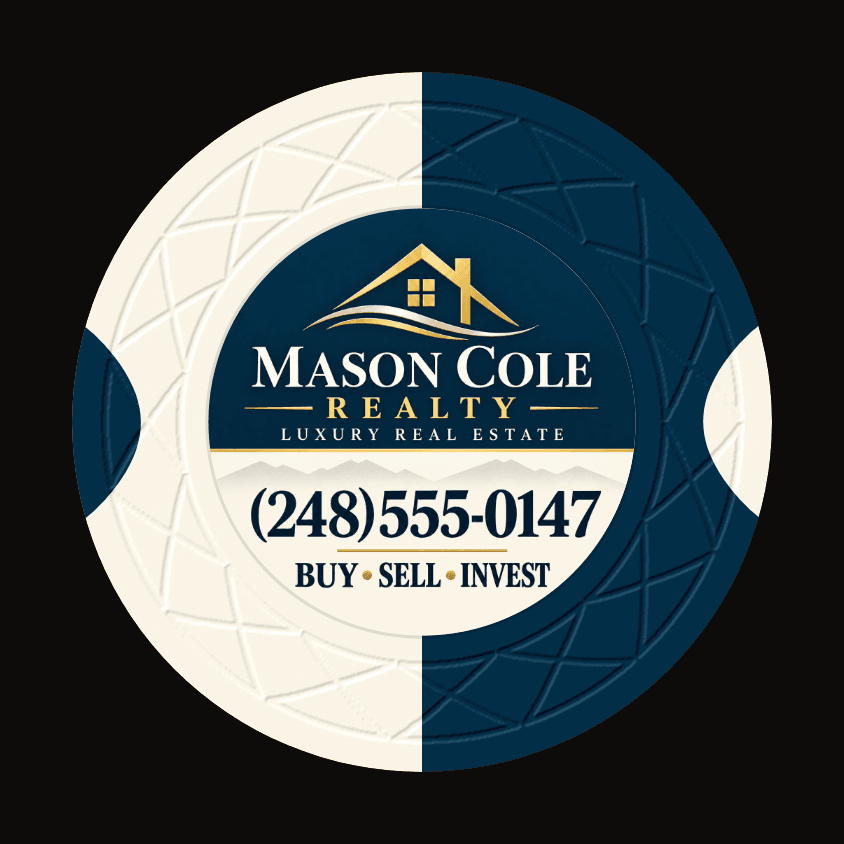 A poker chip business card for Mason Cole Realty, with its logo, phone number, and tagline