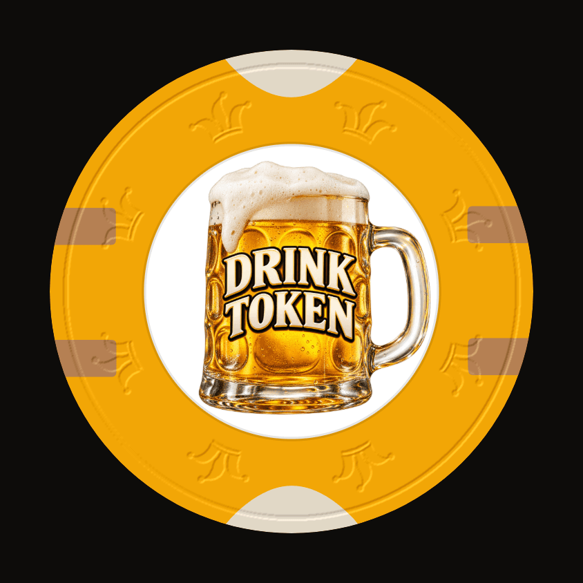 A gold "Drink Token" chip with a foamy beer mug at its center