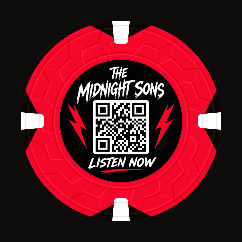 A red "The Midnight Sons" band chip with a scannable QR code and "Listen Now"