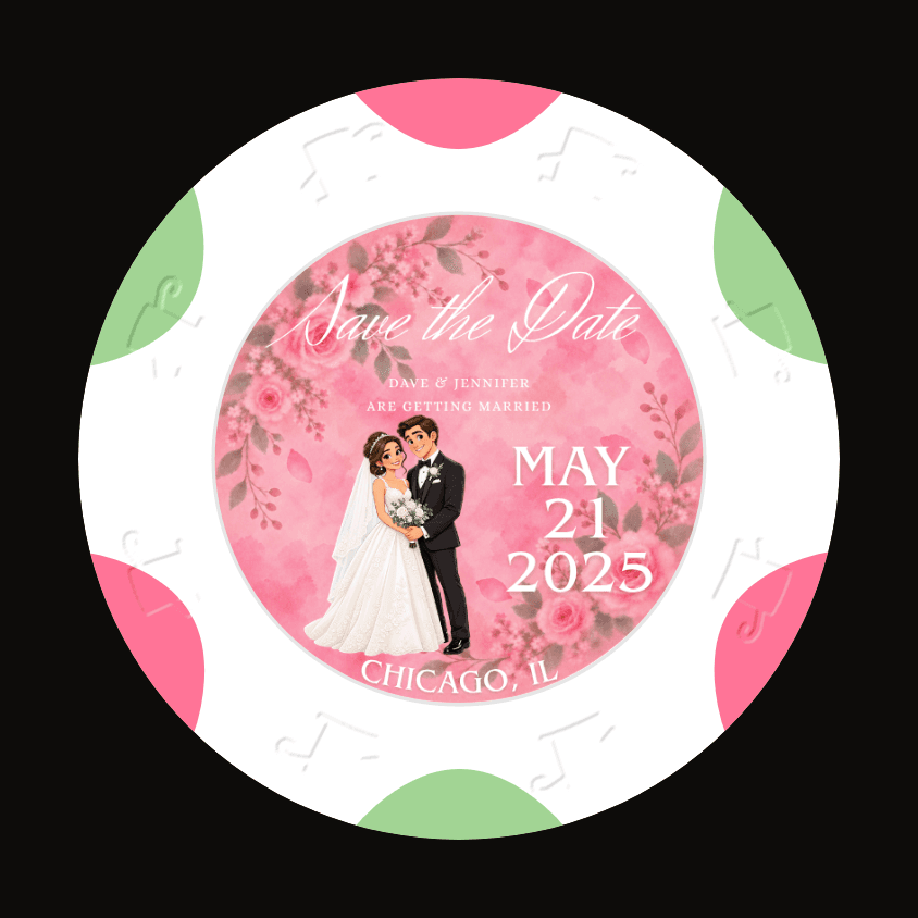 A poker chip Save the Date for Dave & Jennifer's May 21, 2025 wedding in Chicago, IL