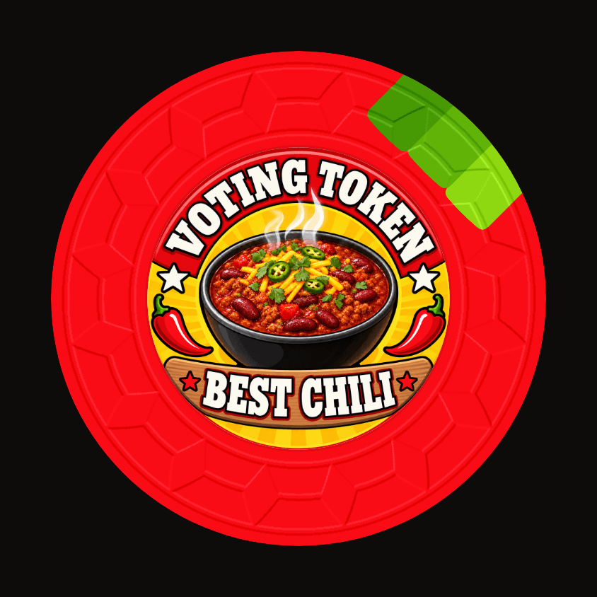 A red "Voting Token" chip for a "Best Chili" contest, with a bowl of chili at its center