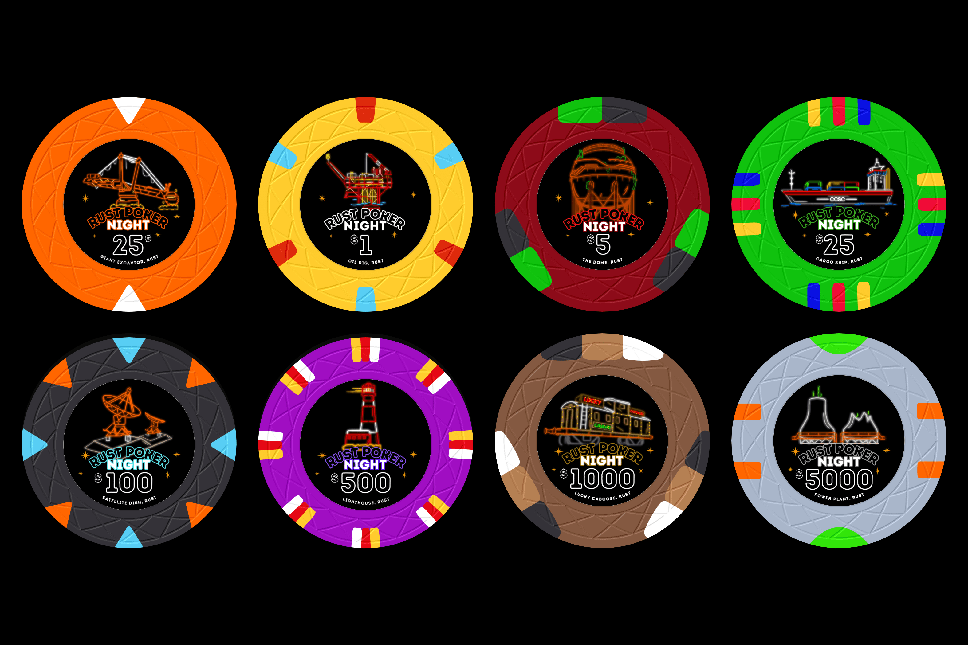 A custom “Rust Poker Night” chip set — eight denominations from 25¢ to $5,000, each a different color with a neon line-art monument from the game Rust as its center inlay