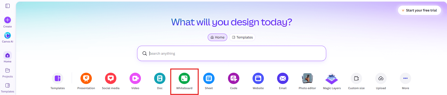 The Canva home page's project-type row, with “Whiteboard” circled