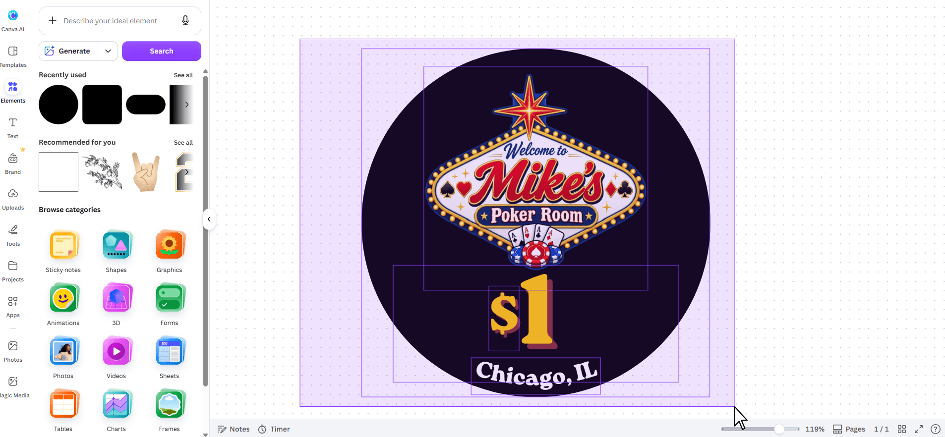 A selection box drawn around every element of the finished logo on the Canva whiteboard