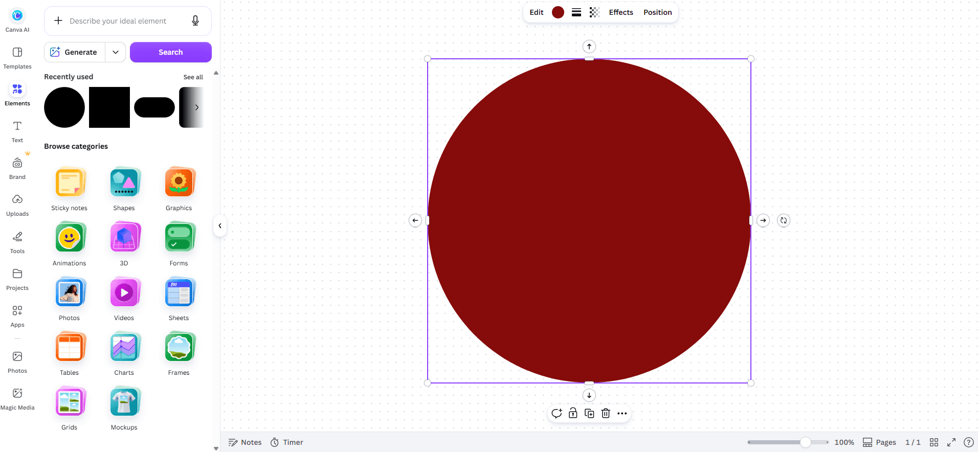 A circle shape placed on the Canva Whiteboard canvas